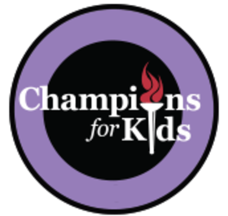 A purple circle with the words champions for kids in it.