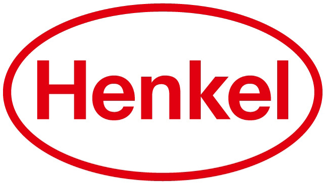 A red and white logo for henkel.
