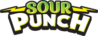 A green banner with the words sour punch written in yellow.